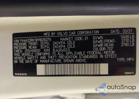 2021 Volvo Xc60 T6 Momentum z USA, uszkodzony, nr VIN YV4A22RK5M1828279